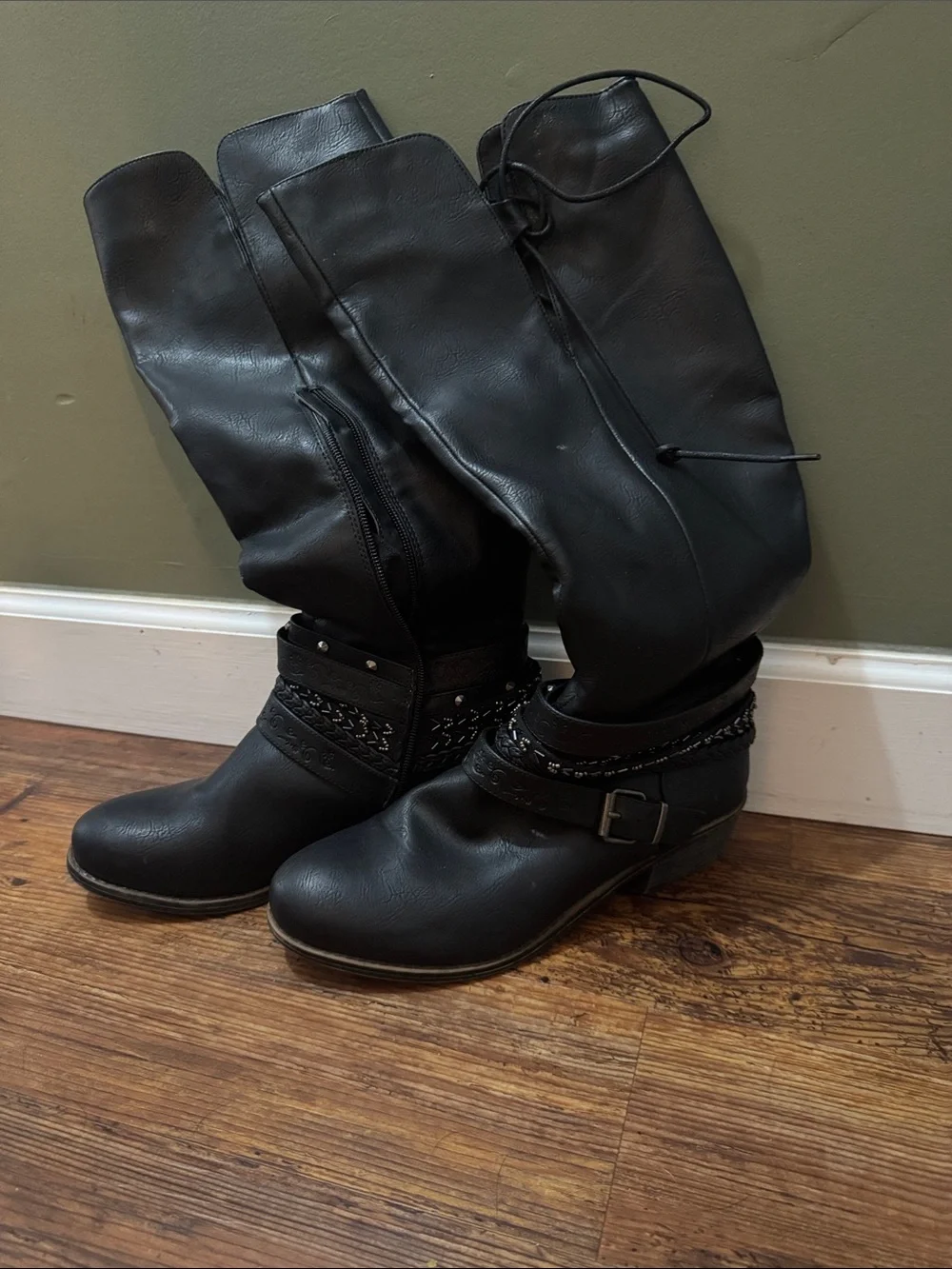 SO Black Over-the-Knee Boots with Buckle & Braided Strap